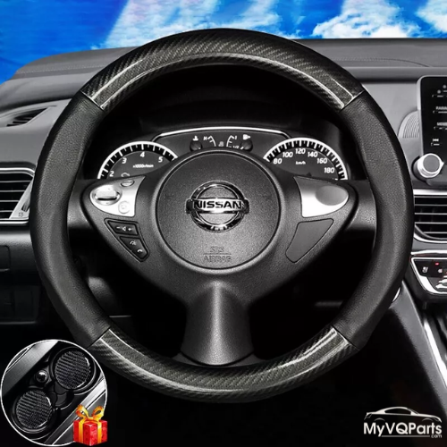 MyVQParts 15-Inch Carbon Fiber & Black Leather Steering Wheel Cover for Nissan 370z