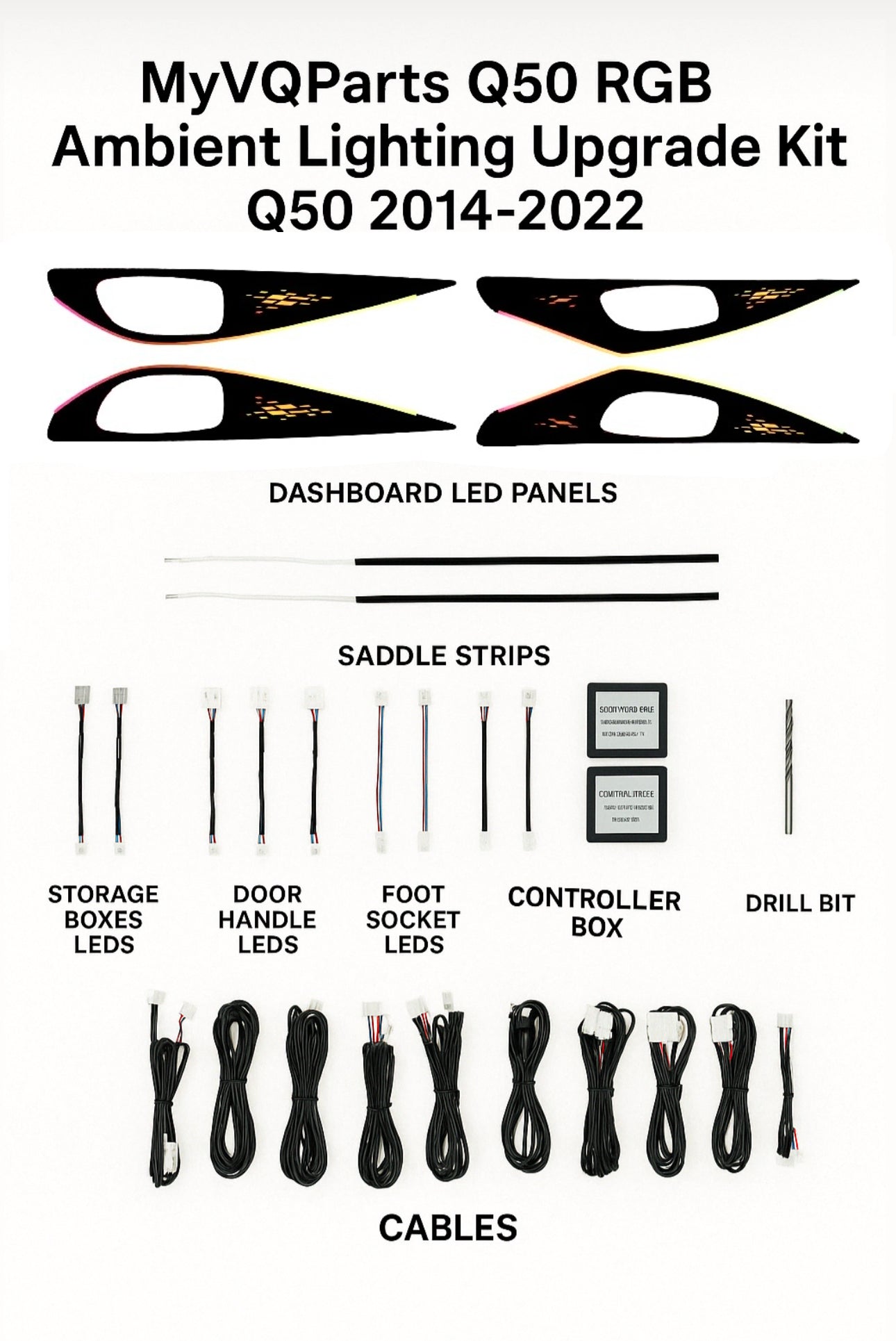 MyVQParts Infiniti Q50 RGB Ambient Interior Lighting Kit (2014–2023) – Full Interior LED Upgrade w/ Dashboard Panels & Bluetooth Control