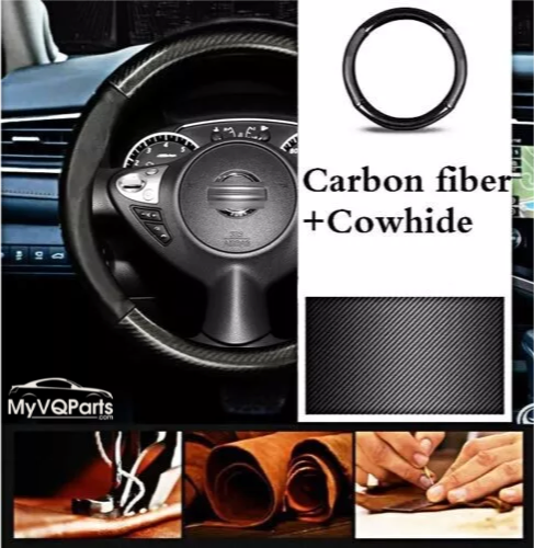 MyVQParts 15-Inch Carbon Fiber & Black Leather Steering Wheel Cover for Nissan 370z