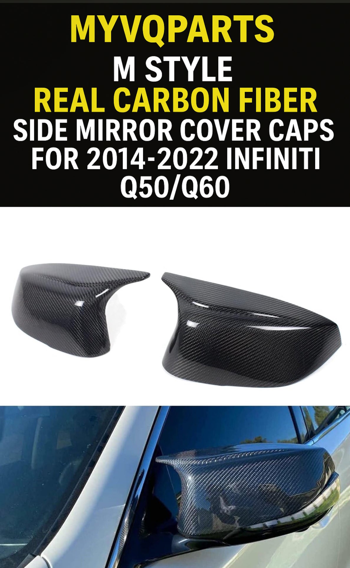 MyVQParts V1 M Style Real Carbon Fiber Side Mirror Cover Caps for 2014-2022 Infiniti Q50/Q60