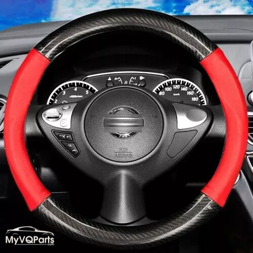 MyVQParts 15-Inch Carbon Fiber & Black Leather Steering Wheel Cover for Nissan 370z