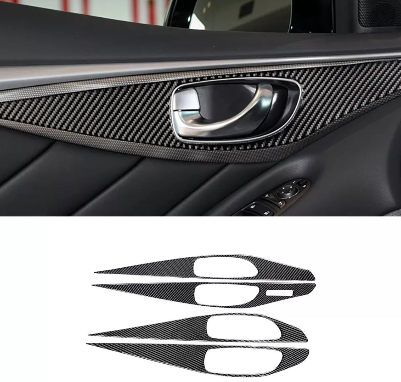 Carbon Fiber Black Interior Door Panel Cover Trim For Infiniti Q50 2014-2020