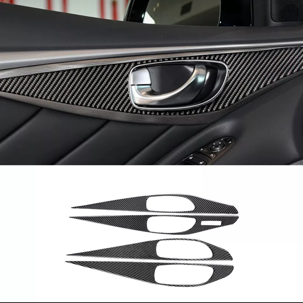 Carbon Fiber Black Interior Door Panel Cover Trim For Infiniti Q50 2014-2020