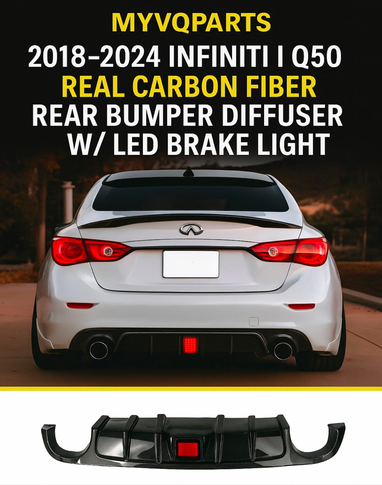 MyVQParts 2018-2024 INFINITI Q50 REAL CARBON FIBER REAR BUMPER DIFFUSER W/ LED BRAKE LIGHT