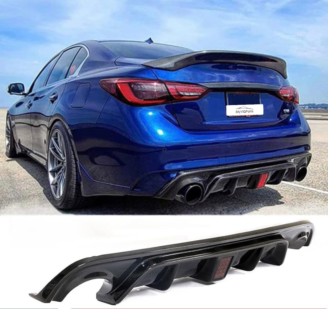MyVQParts 2018-2024 INFINITI Q50 REAL CARBON FIBER REAR BUMPER DIFFUSER W/ LED BRAKE LIGHT