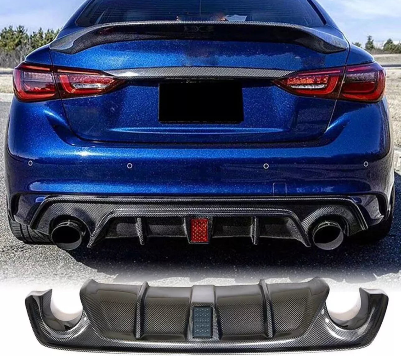 MyVQParts 2018-2024 INFINITI Q50 REAL CARBON FIBER REAR BUMPER DIFFUSER W/ LED BRAKE LIGHT
