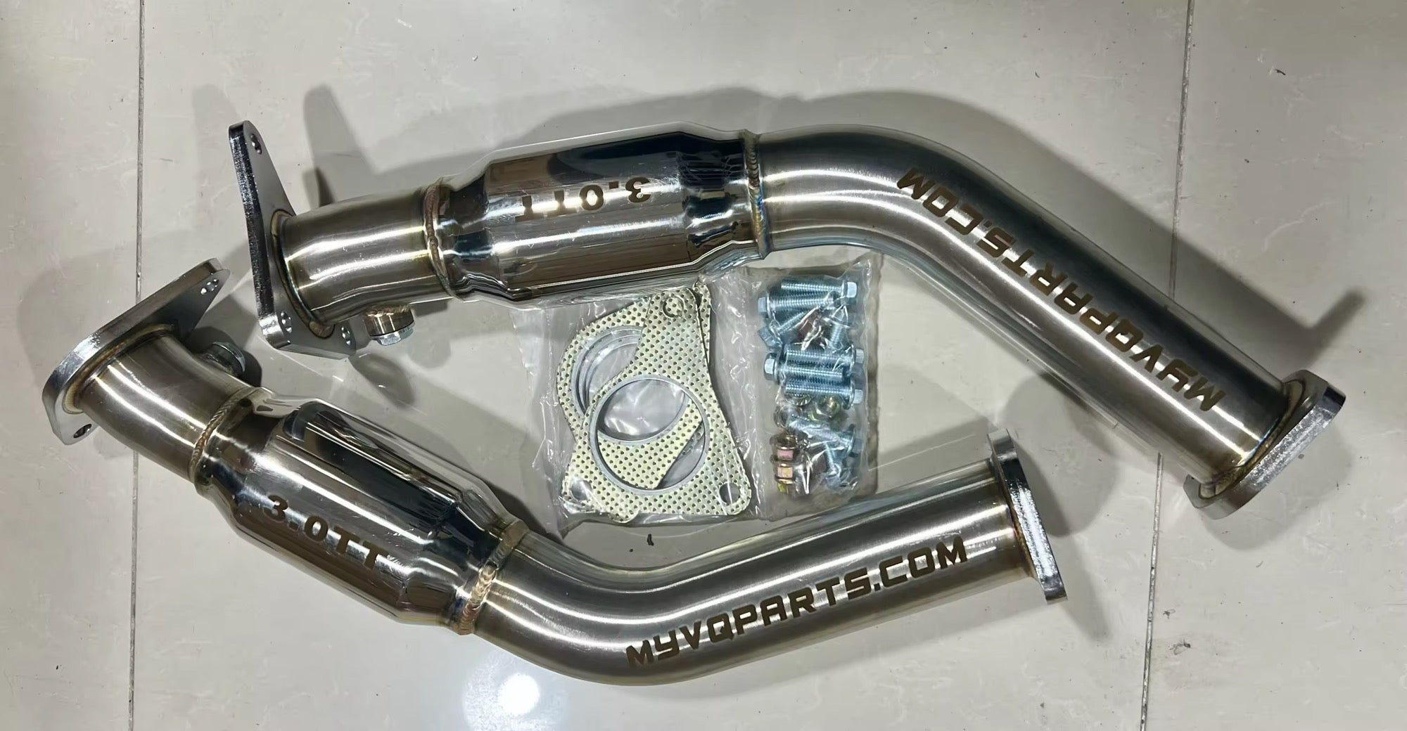 MyVQParts Q50/Q60 3.0t 2.75” Resonated & Non-Resonated Lower Downpipes and 3” Non-Resonated Lower Downpipes