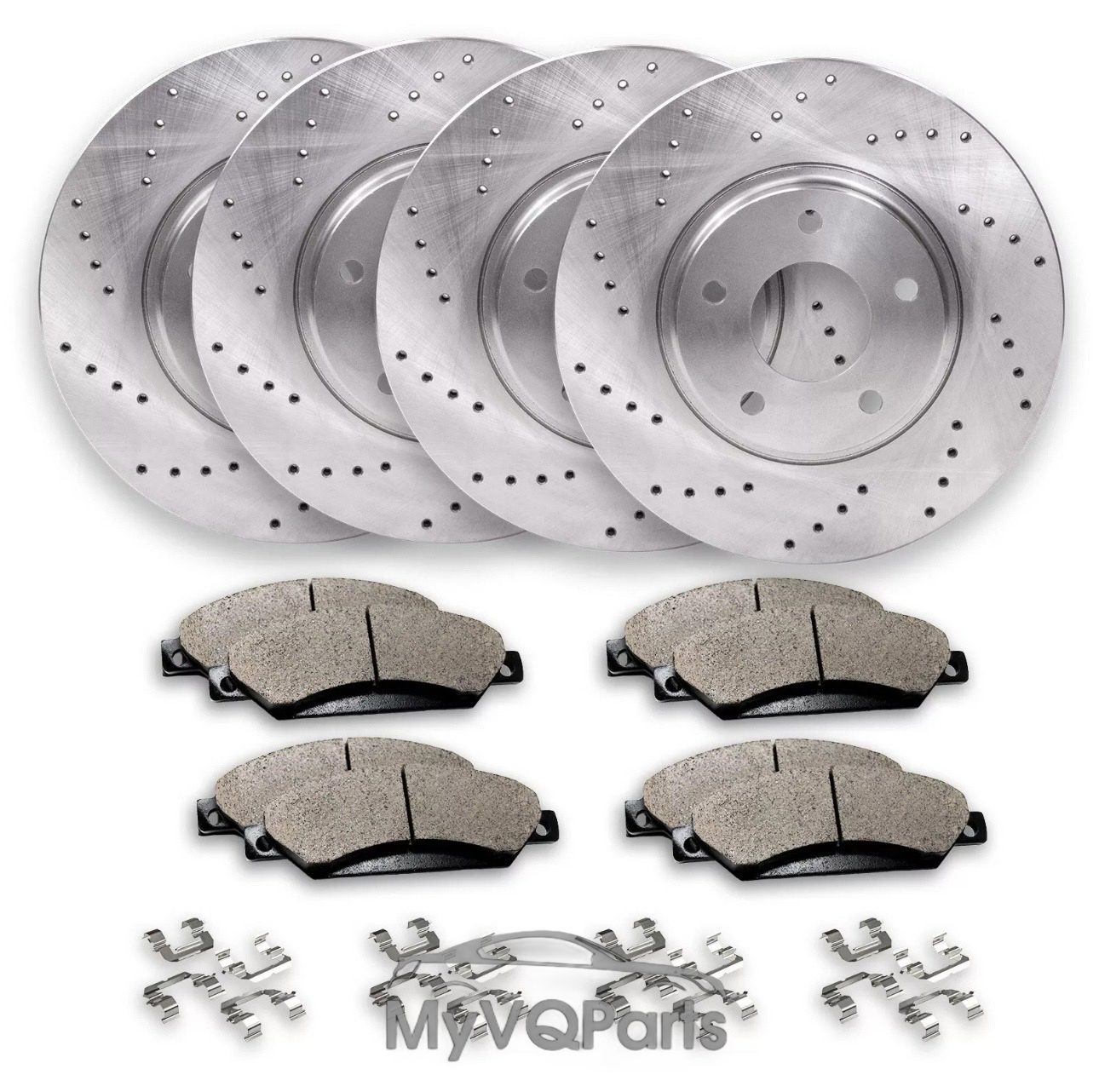 MyVQParts Front & Rear Drilled Brake Rotors + Ceramic Pad Kit | Compatible with INFINITI Q50, M37, Q60, Q70, G37 & Nissan 370Z (Sport/Non-Sport)