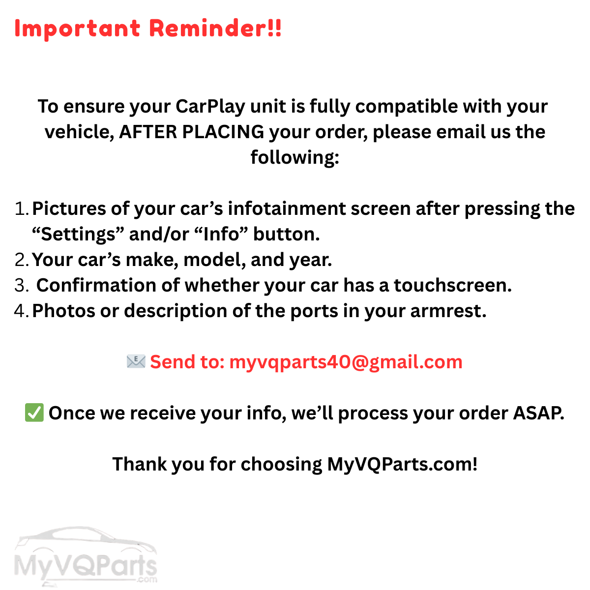 MyVQParts Apple CarPlay/Android Auto Module for G37, 370Z, Q50, Q60 GTR & Other Infiniti/Nissan Models