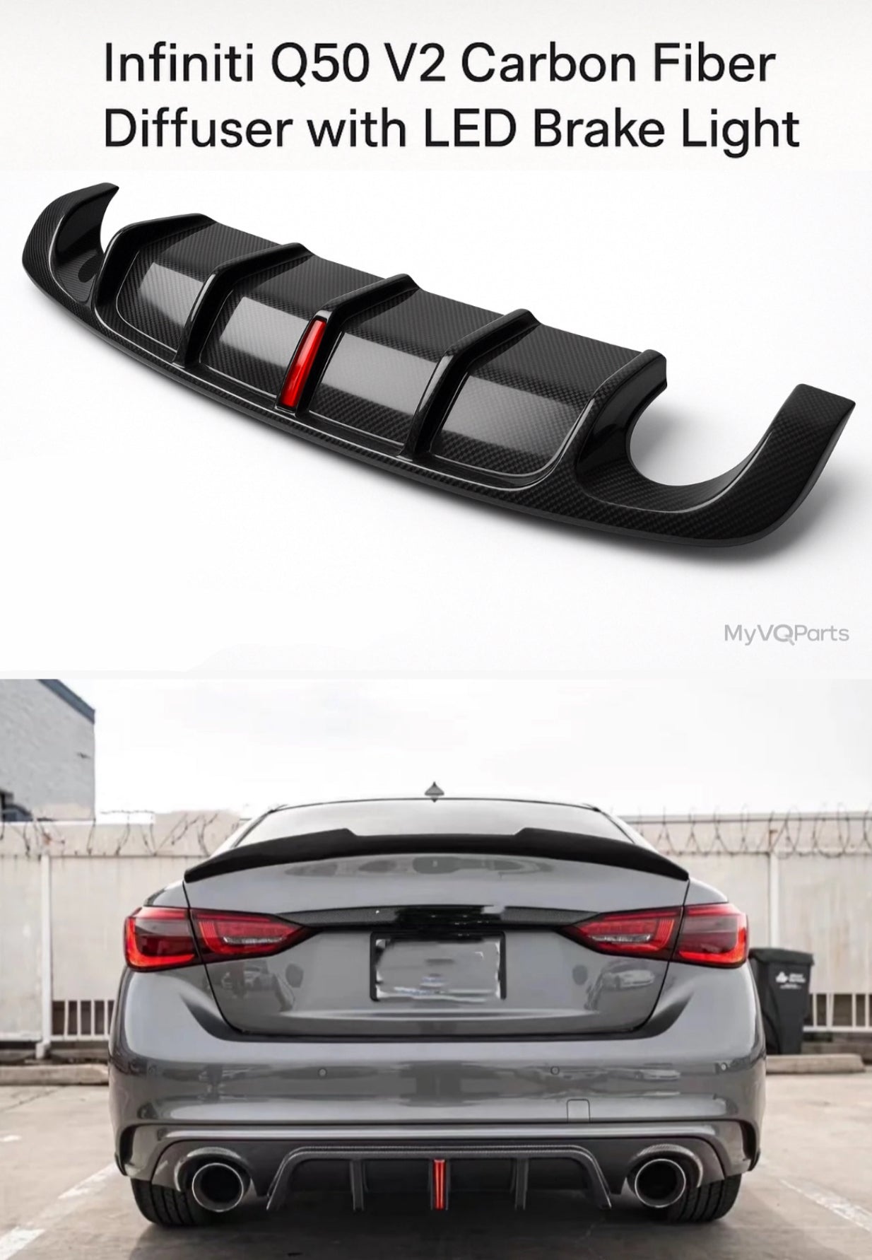 MyVQParts Infiniti Q50 V2 Carbon Fiber Diffuser with LED Brake Light 2014-2017, 2018-2024