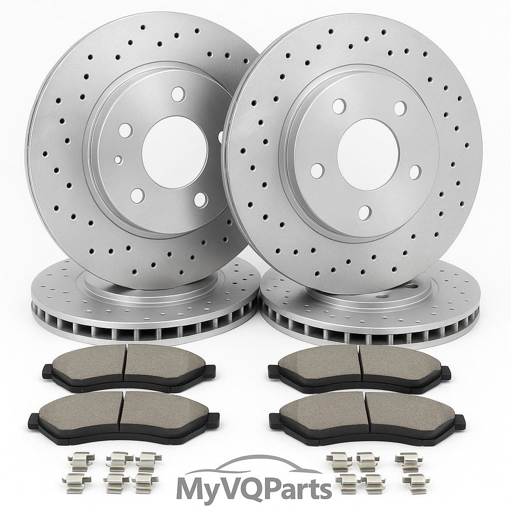 MyVQParts Front & Rear Drilled Brake Rotors + Ceramic Pad Kit | Compatible with INFINITI Q50, M37, Q60, Q70, G37 & Nissan 370Z (Sport/Non-Sport)