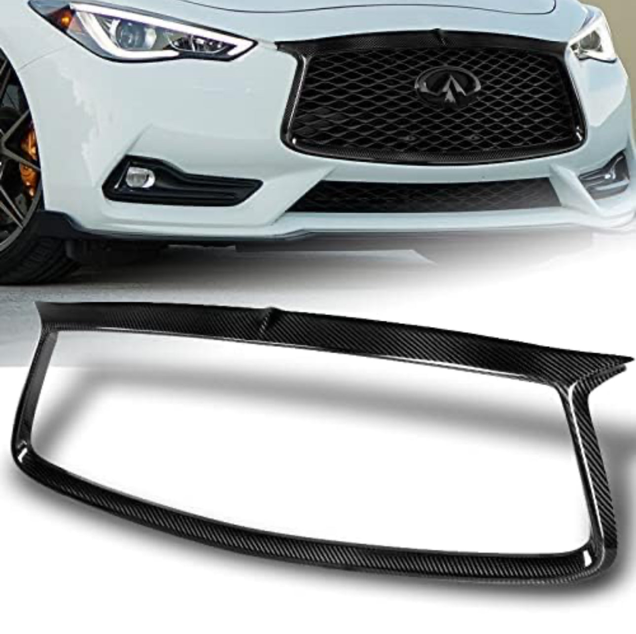 MyVQParts 2017-2022 Infiniti Q60 Carbon Fiber Front Grille Outline Trim Cover Overlay