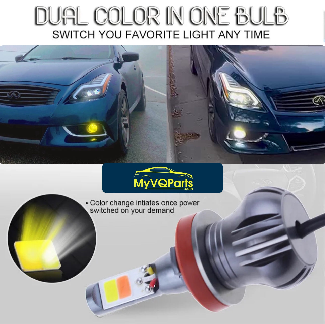 2X MyVQParts Premium Foglights: G37, G35, Maxima, Altima, Versa, Sentra H11 H8 LED Fog Light Bulbs Dual Color  6K White + 3K Yellow Strobe Flash