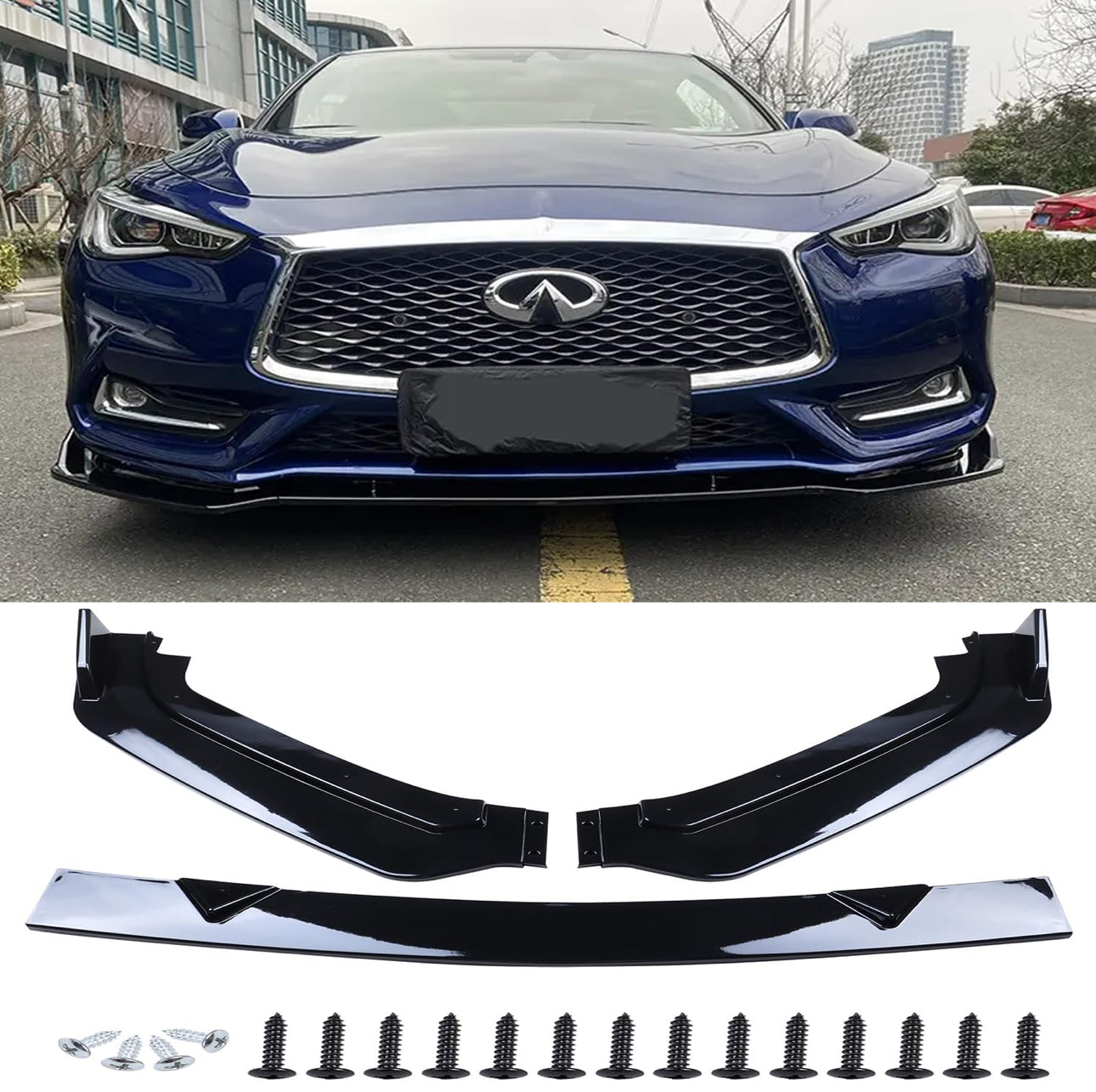 MyVQParts 2017-2022 Infiniti Q60 V2 JDM 3-Piece Glossy Black Front Bumper Lip Spoiler Splitter