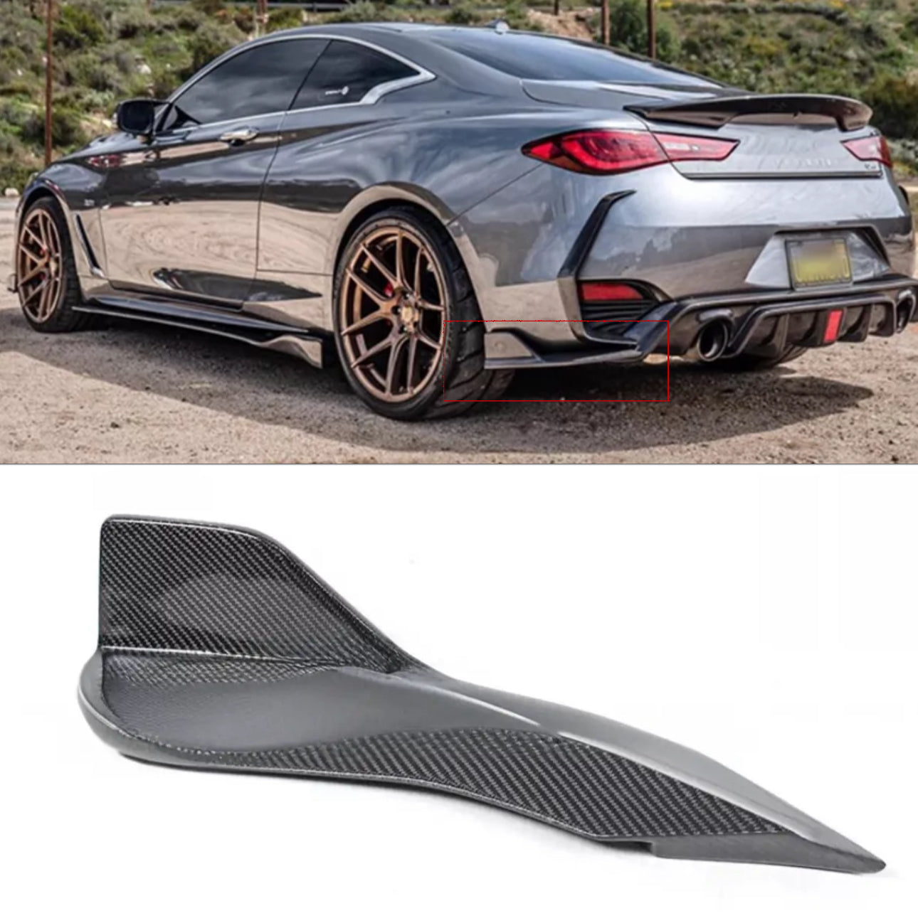 MyVQParts 2017-2022 Infiniti Q60 Carbon Fiber Rear Bumper Side Corner Apron Extensions