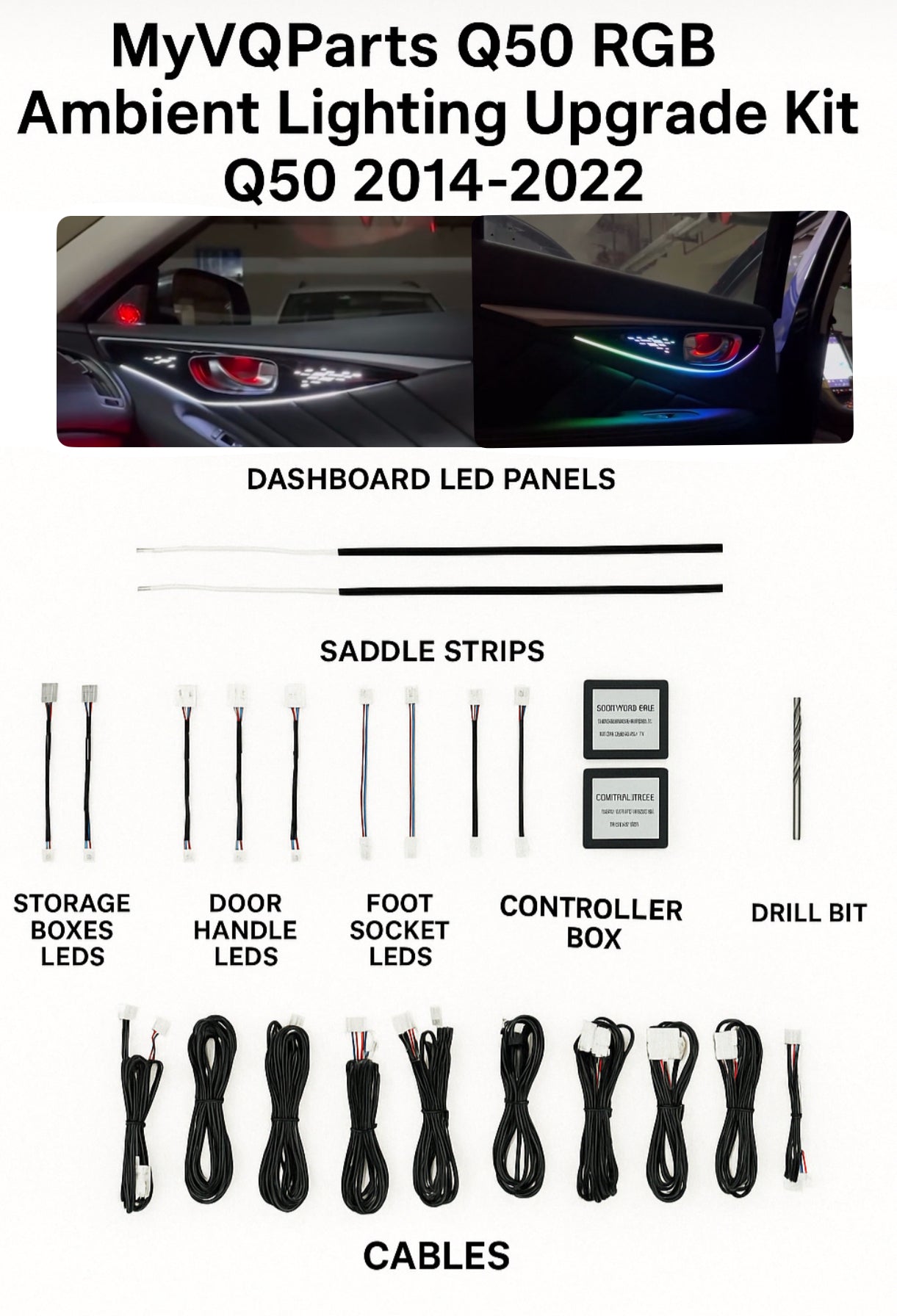 MyVQParts Infiniti Q50 RGB Ambient Interior Lighting Kit (2014–2023) – Full Interior LED Upgrade w/ Dashboard Panels & Bluetooth Control