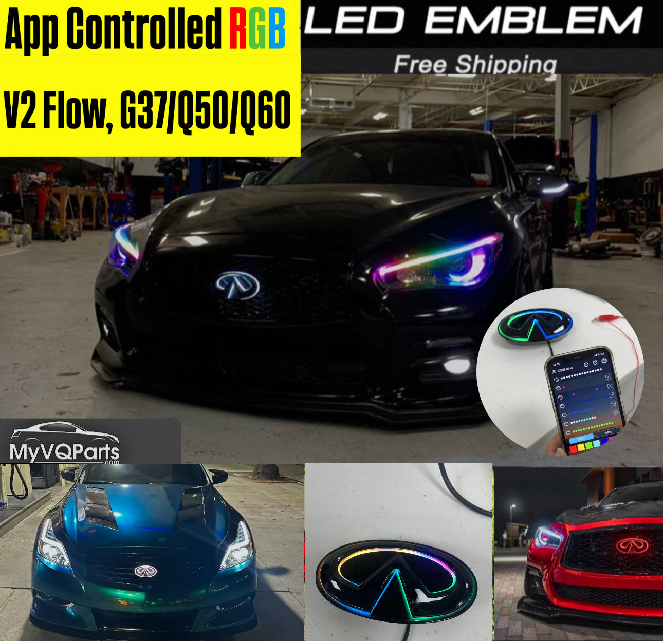 MyVQParts V2 Flow RGB LED Emblem – G37, Q50, Q60 (2008–2023) | Chrome, Gloss Black, Carbon