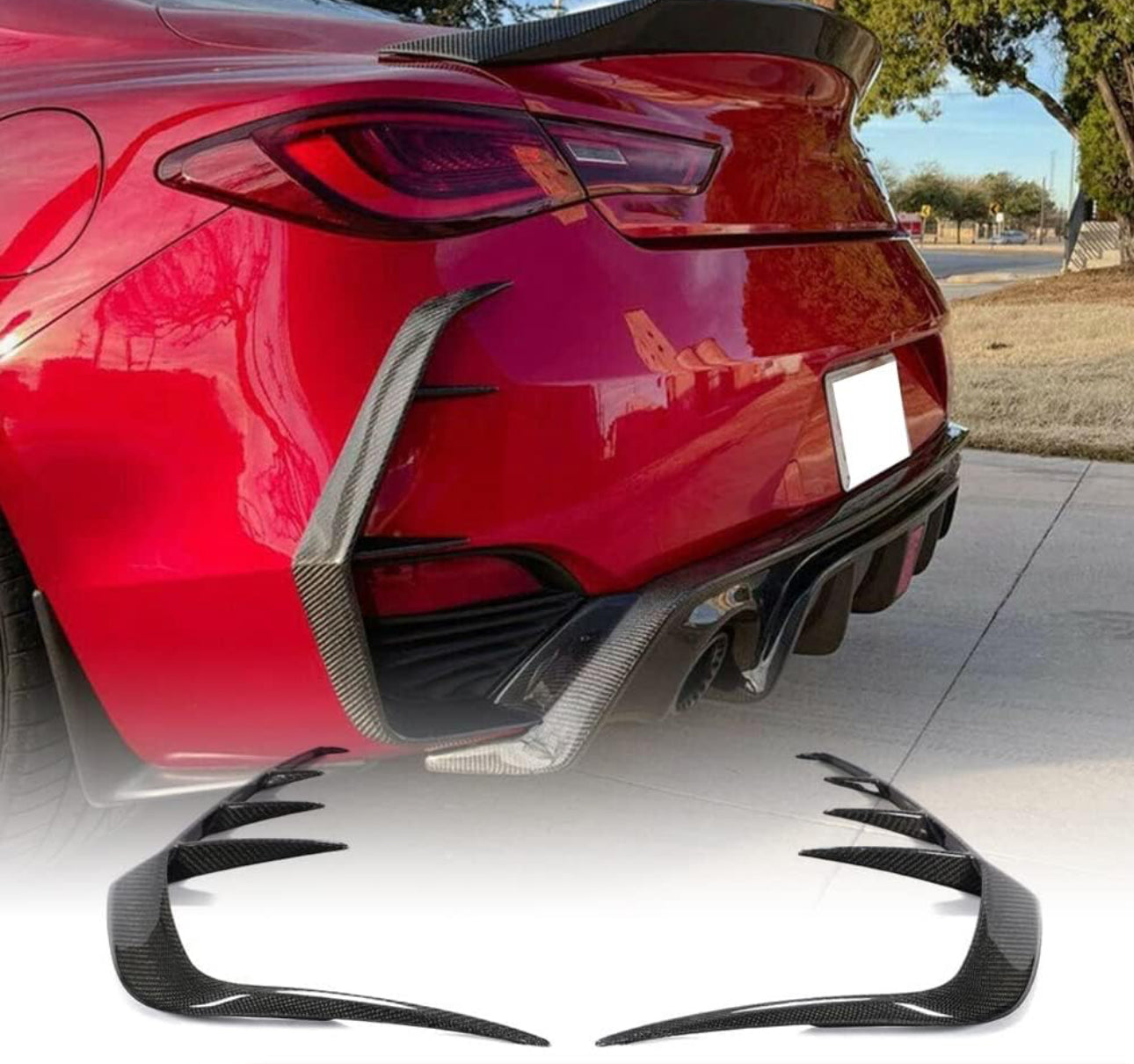 MyVQParts 2017-2022 Infiniti Q60 Carbon Fiber Rear Bumper Side Vent C-Blade Trim Canards