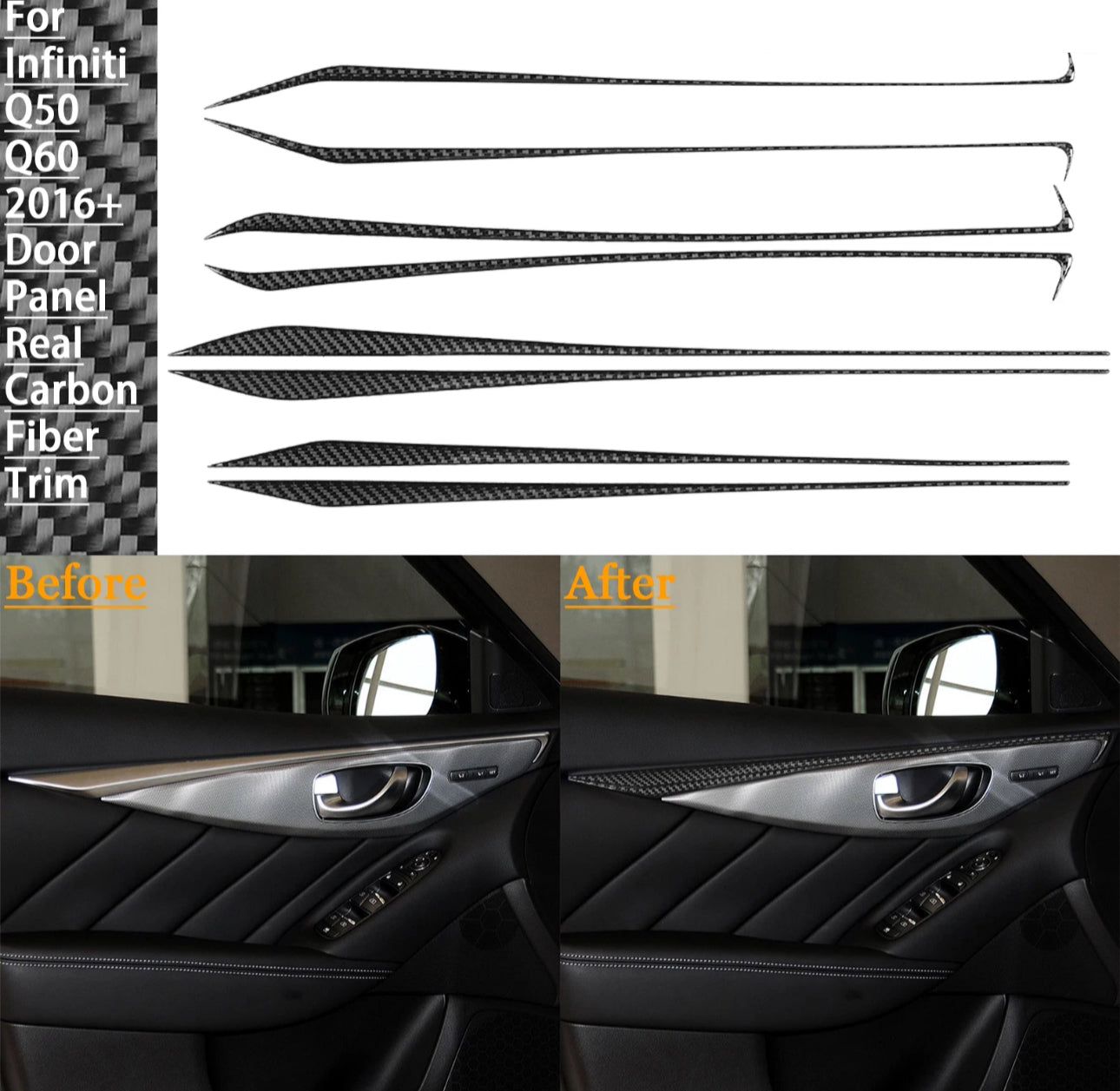 8Pcs Infiniti Q50 Real Carbon Fiber Interior Door Bezel Frame Panel Cover Trim