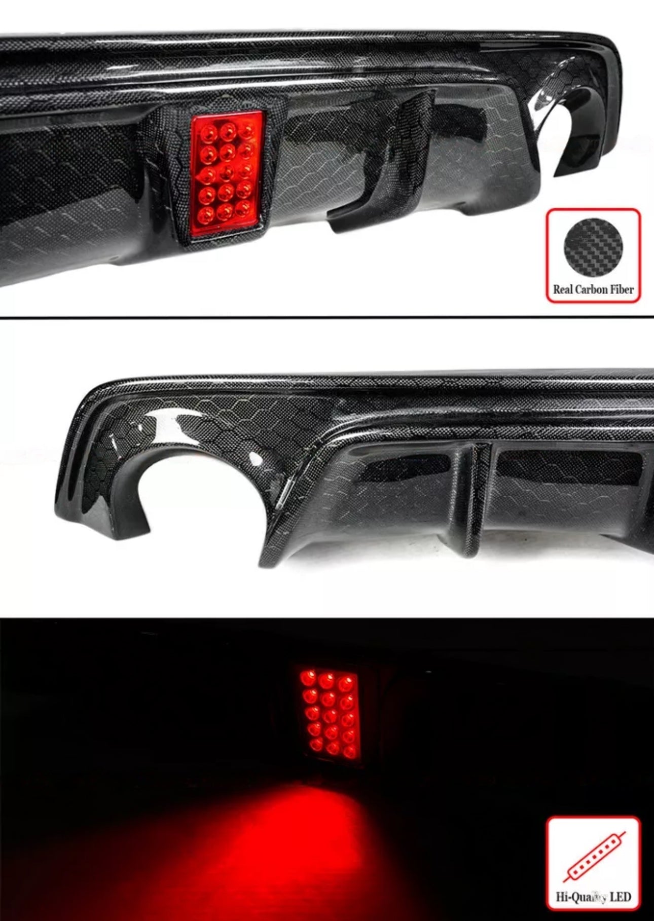 MyVQParts 2018-2024 INFINITI Q50 REAL CARBON FIBER REAR BUMPER DIFFUSER W/ LED BRAKE LIGHT