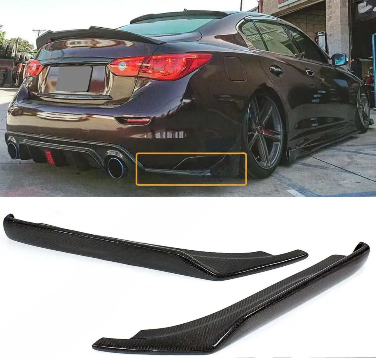 MyVQParts 2014-2017 Infiniti Q50 Carbon Fiber Rear Bumper Side Corner Splitters Aprons