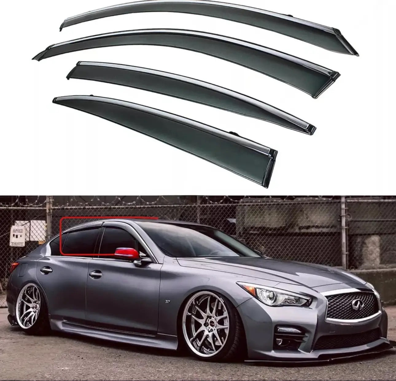 MyVQParts 2014-2024 Infiniti Q50 VIP Clip-On Smoke Tinted Window Visor with Chrome Trim