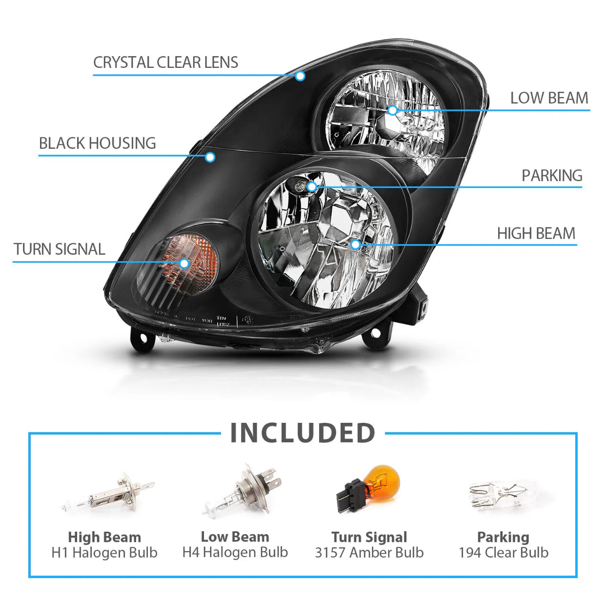 (2003-2006) Black housing Driver And Passenger Headlights Pair For Infiniti G35 4dr Sedan