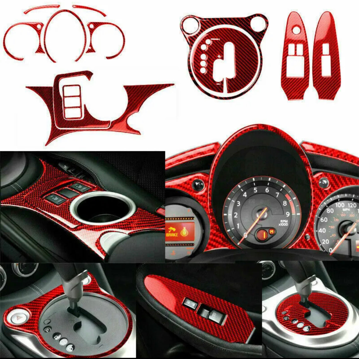 12Pcs Red Carbon Fiber Full interior Set Cover Trim For Nissan 370Z 2009-2020